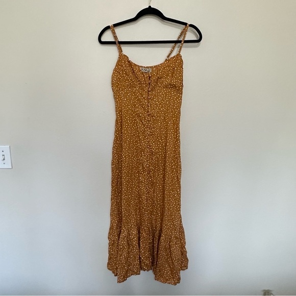 Elegant Mustard Polka Dot Midi Dress - Picture 1 of 4